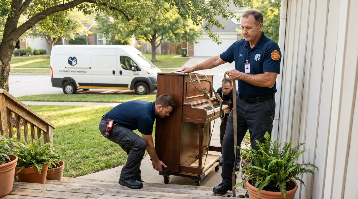 Licensed piano movers securing grand piano in Rochester, MI